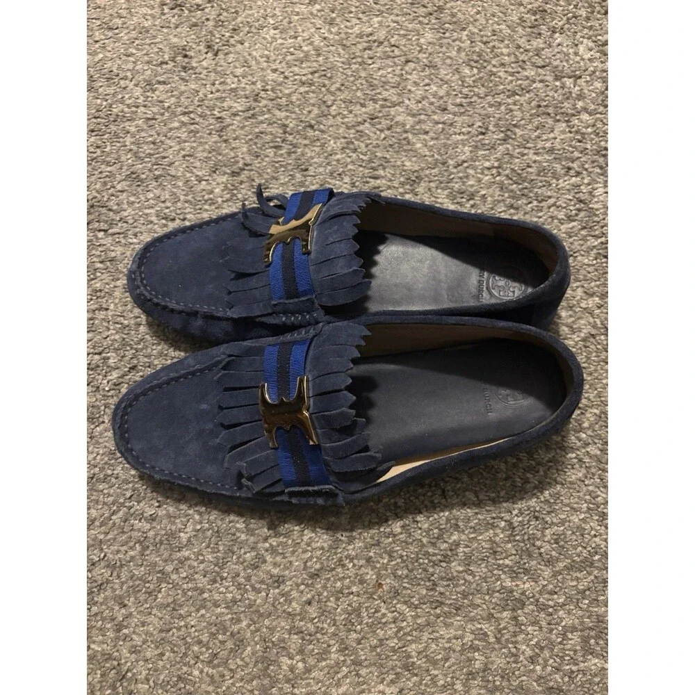 TORY BURCH Gemini Driver Blue Suede Loafers Fringe Size 11‎